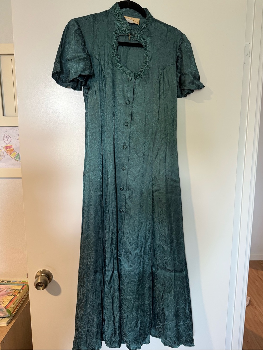 Vintage New Frontier Dark Teal Floral Maxi Dress Size 7 Lace Up Back USA